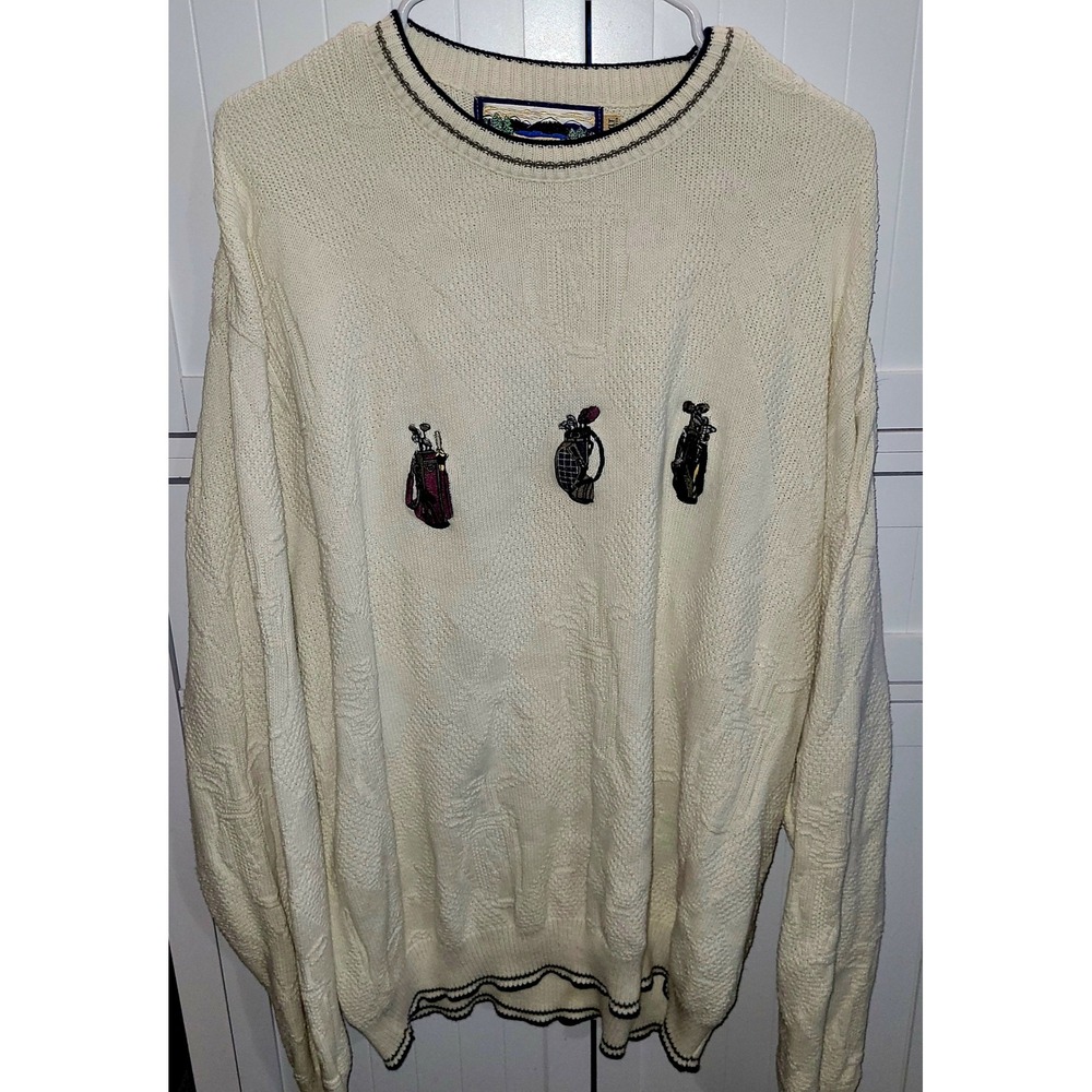 Shenandoah Mens XXL Tall Vintage Golf Sweater Cream Cotton Embroidered USA Made